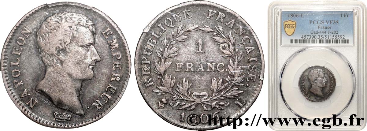 1 franc Napoléon Empereur, Calendrier grégorien 1806 Bayonne F.202/5 VF35 PCGS