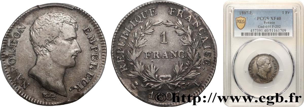 1 franc Napoléon Empereur, Calendrier grégorien 1807 Bayonne F.202/14 TTB40 PCGS