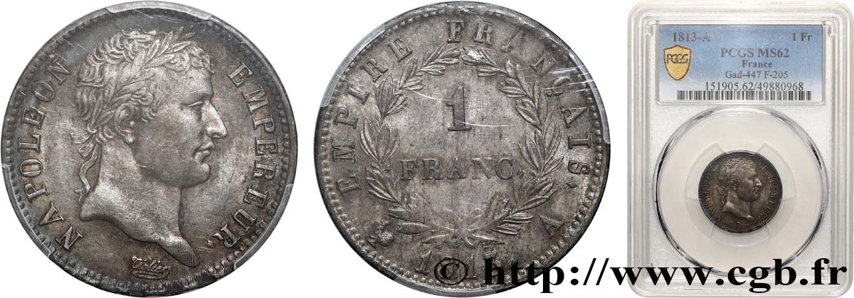 1 franc Napoléon Ier tête laurée, Empire français 1813 Paris F.205/58 SUP62 PCGS