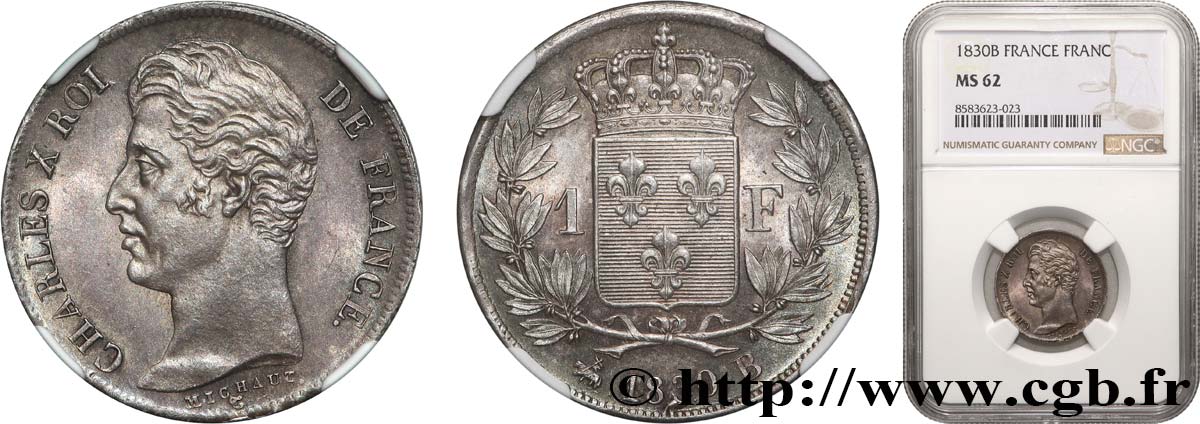 1 franc Charles X, matrice du revers à quatre feuilles 1830 Rouen F.207A/27 SUP62 NGC
