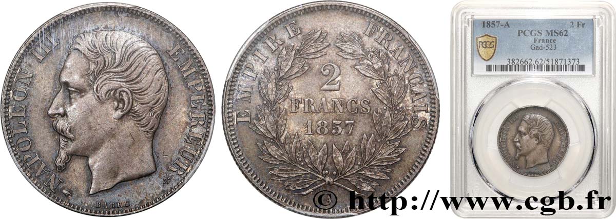 2 francs Napoléon III, tête nue 1857 Paris F.262/9 SUP62 PCGS