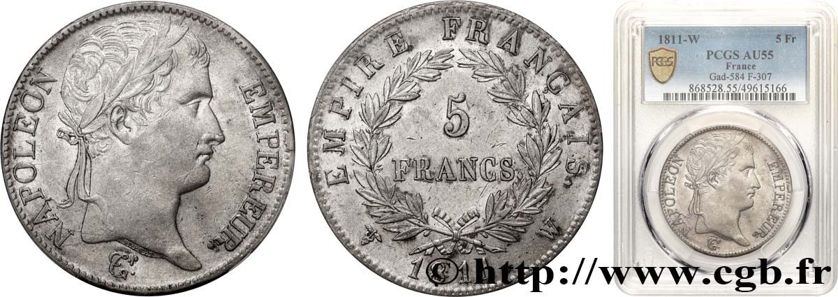 5 francs Napoléon Empereur, Empire français 1811 Lille F.307/40 AU55 PCGS