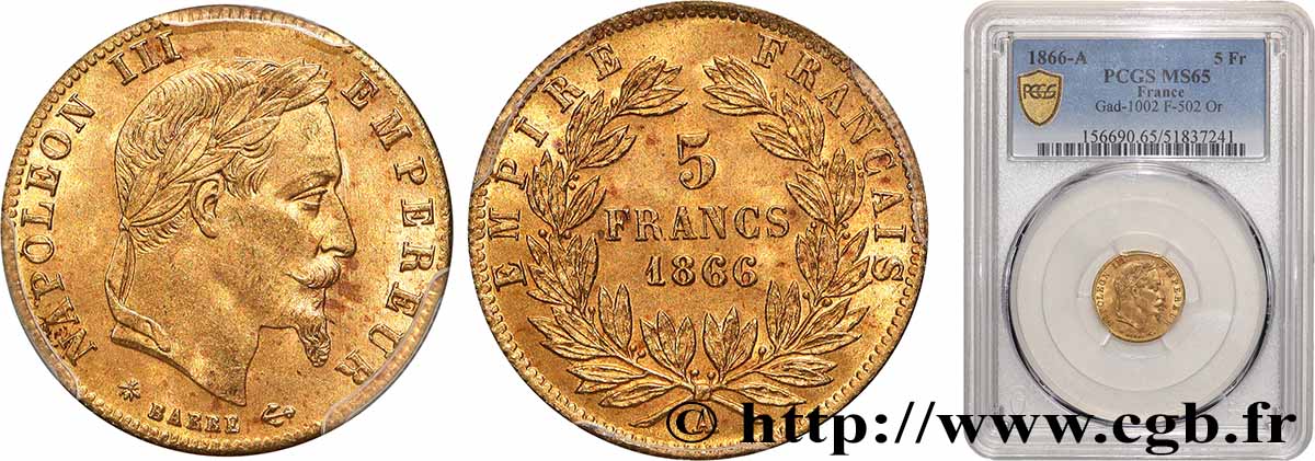 5 francs or Napoléon III, tête laurée 1866 Paris F.502/9 FDC65 PCGS