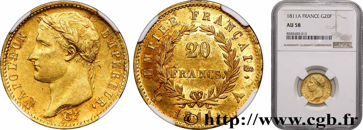 20 francs or Napoléon, tête laurée, Empire français 1811 Paris F.516/16 AU58 NGC