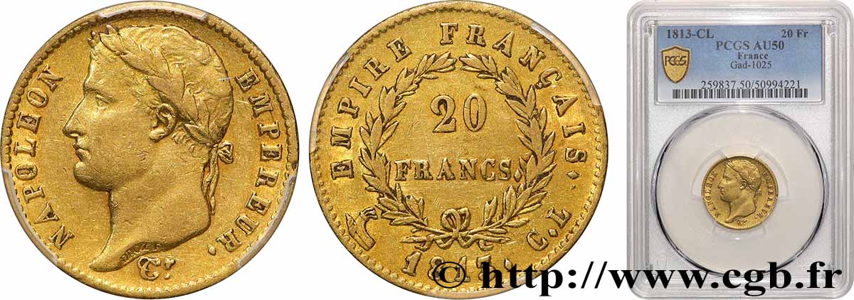 20 francs or Napoléon tête laurée, Empire français 1813 Gênes F.516/31 AU50 PCGS