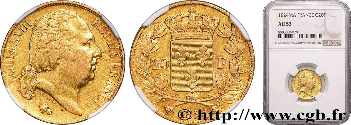20 francs or Louis XVIII, tête nue 1824 Marseille F.519/32 AU53 NGC