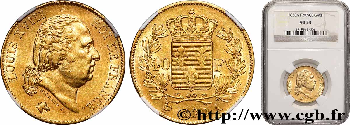 40 francs or Louis XVIII 1820 Paris F.542/10 SUP58 NGC