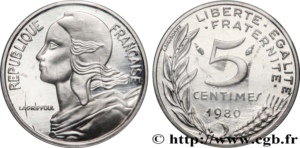 Piéfort argent de 5 centimes Marianne 1980 Paris GEM.22 P2 FDC 