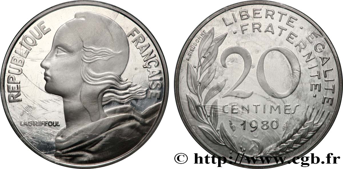 Piéfort Argent de 20 centimes Marianne 1980 Pessac GEM.56 P2 FDC 