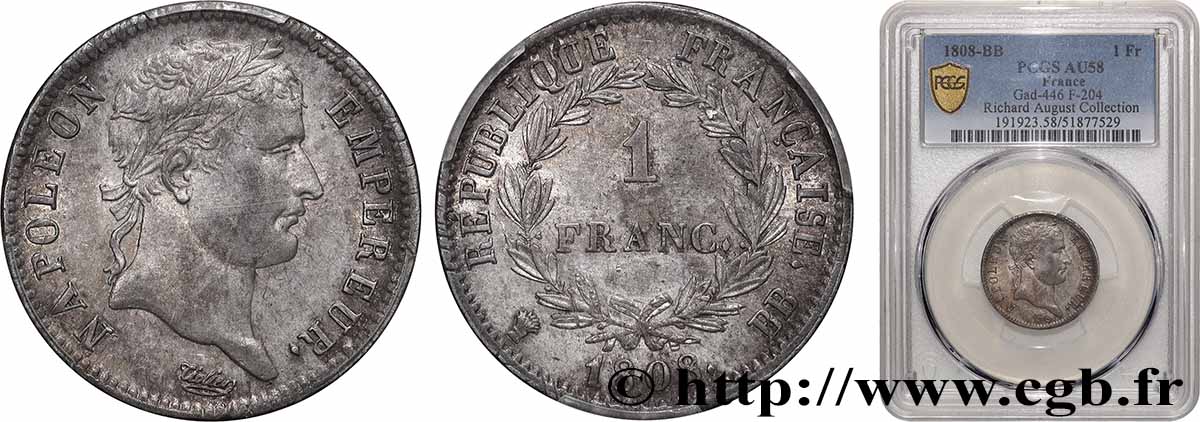 1 franc Napoléon Ier tête laurée, République française 1808 Strasbourg F.204/4 SUP58 PCGS