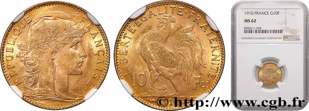 10 francs Coq 1910 Paris F.509/11 MS62 NGC