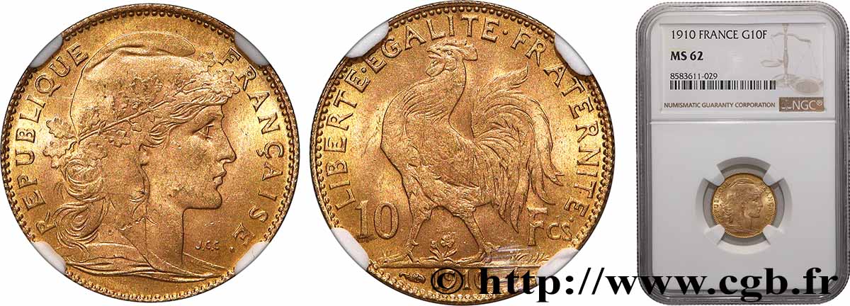 10 francs Coq 1910 Paris F.509/11 MS62 NGC