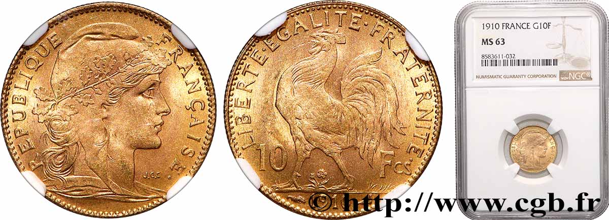 10 francs Coq 1910 Paris F.509/11 SPL63 NGC