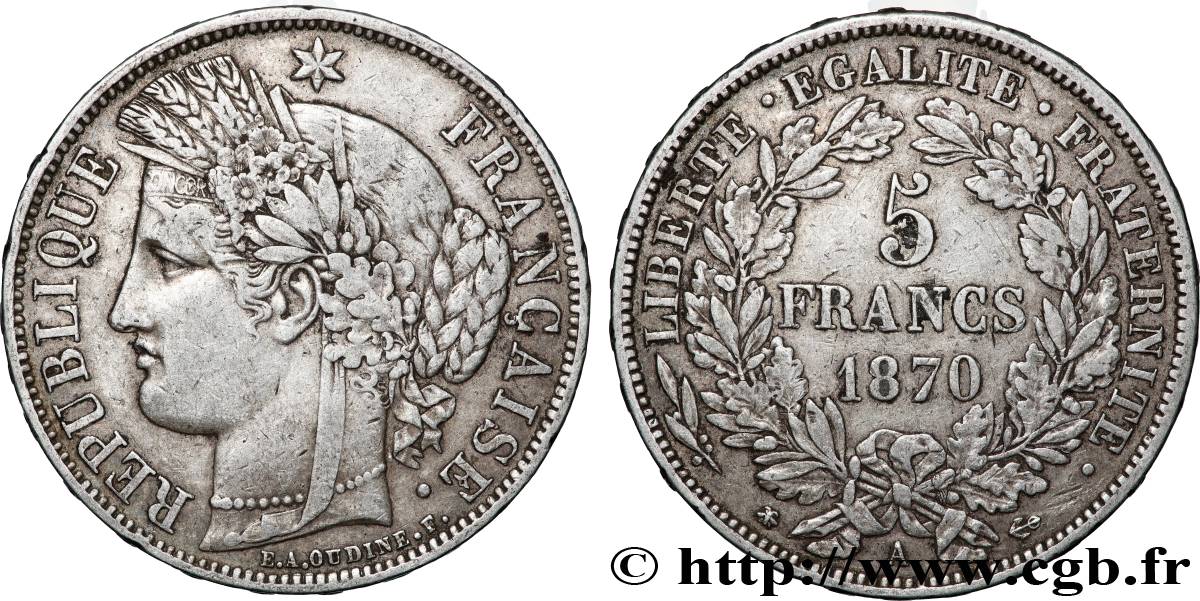 5 francs Cérès, avec légende 1870 Paris F.333/1 fSS 