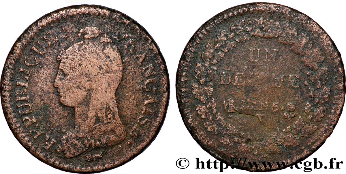 Un décime Dupré, grand module, &nbsp;refrappage&nbsp; du 2 décimes 1797 Limoges F.128/9 VG 