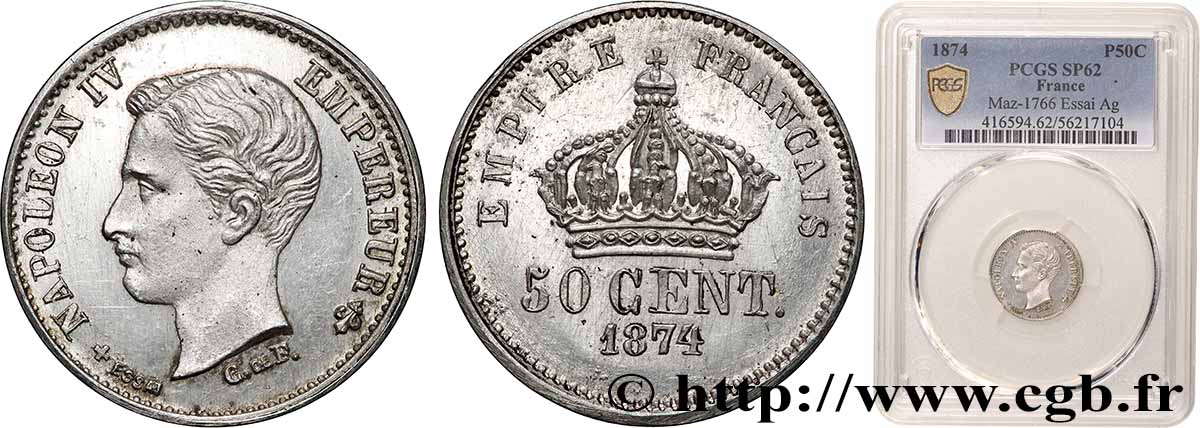 Essai de 50 centimes, poids léger, tranche lisse 1874 Bruxelles GEM.79 1 var. SPL62 PCGS