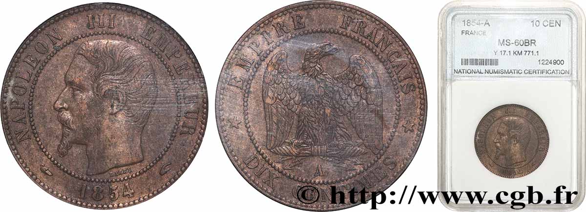 Dix centimes Napoléon III, tête nue 1854 Paris F.133/11 SUP autre