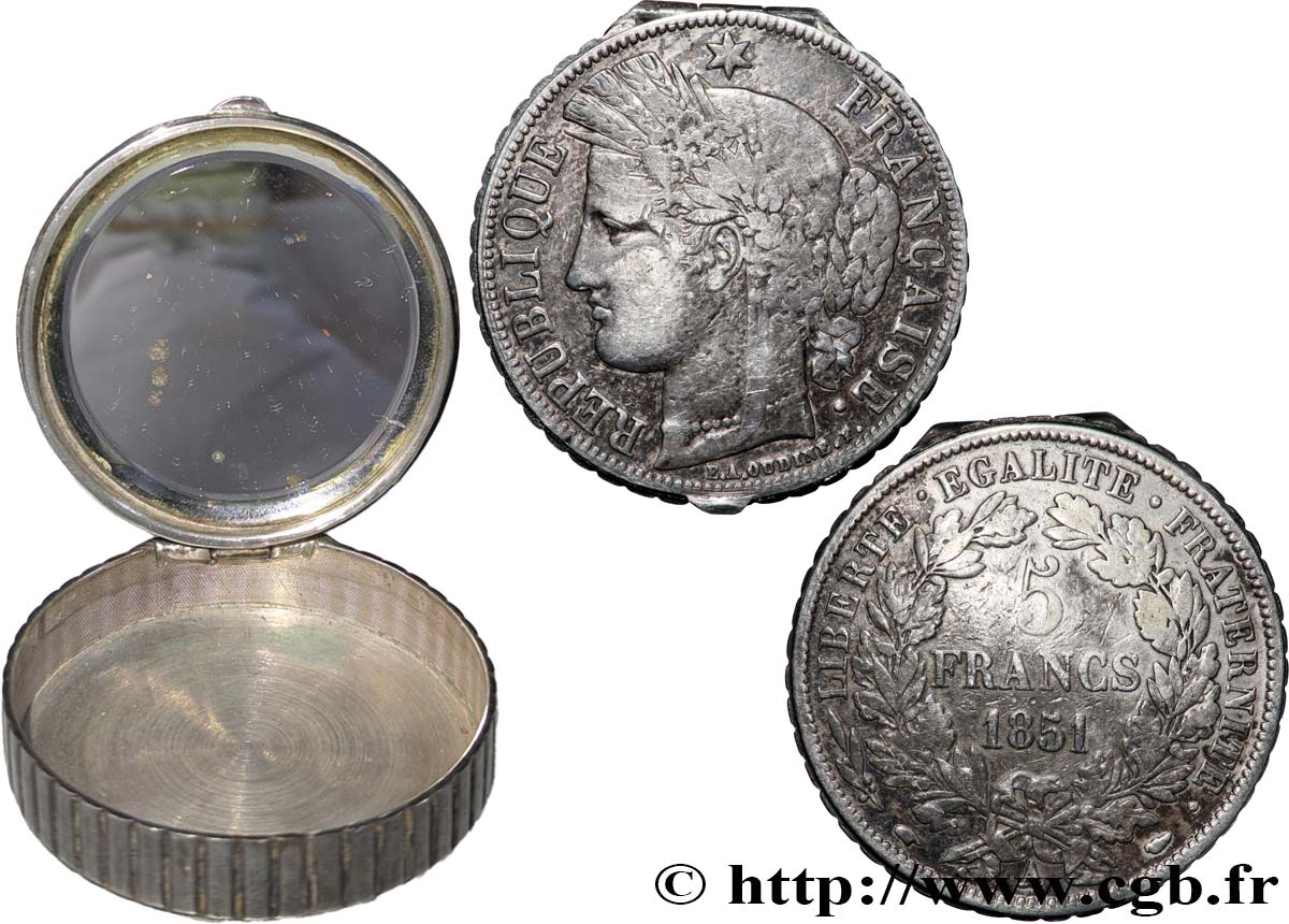 5 francs Cérès, IIe République, transformé en mini-poudrier avec miroir 1851 Paris F.327/7 var. TB 