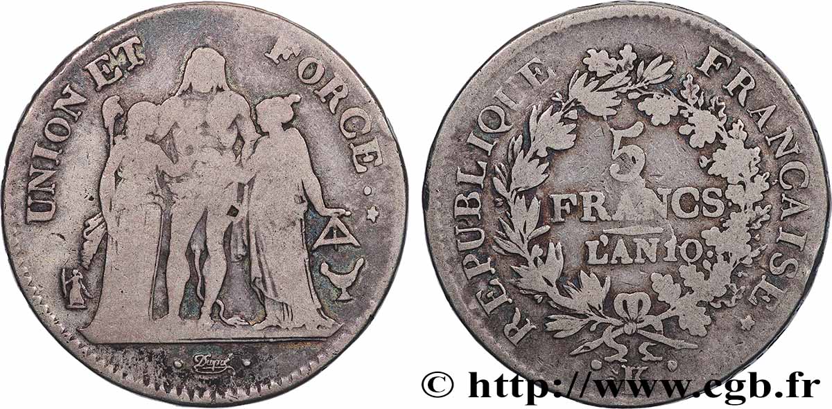 5 francs Union et Force, Union serré, seulement glands intérieurs 1802 Bordeaux F.288/176 TB 