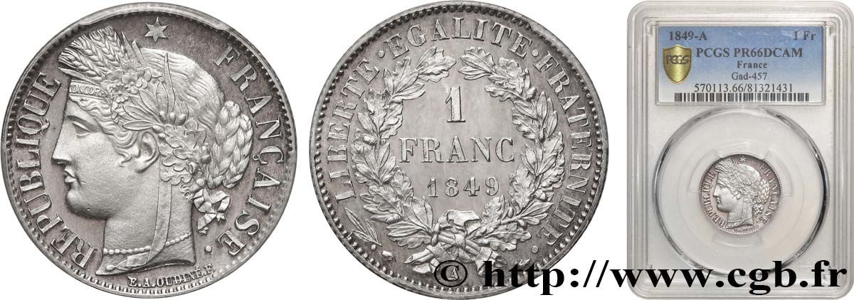 1 franc Cérès, IIe République, FLAN BRUNI 1849 Paris F.211/1 var. ST66 PCGS