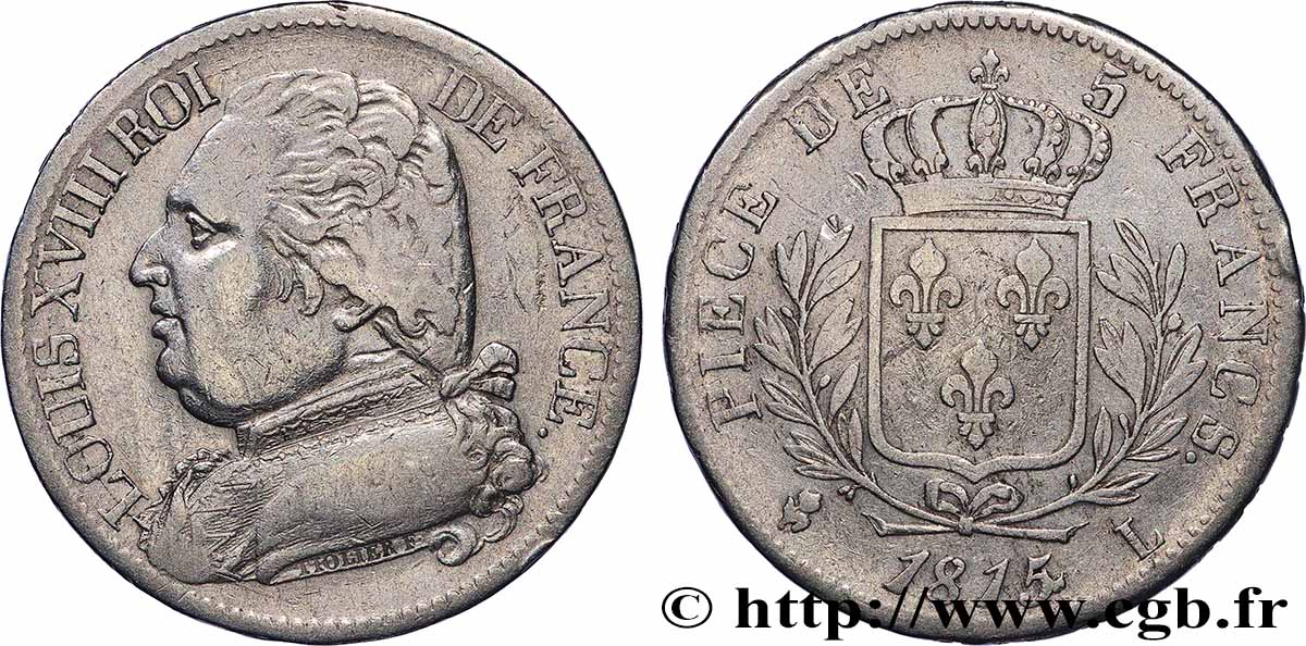 5 francs Louis XVIII, buste habillé 1815 Bayonne F.308/24 TB+ 