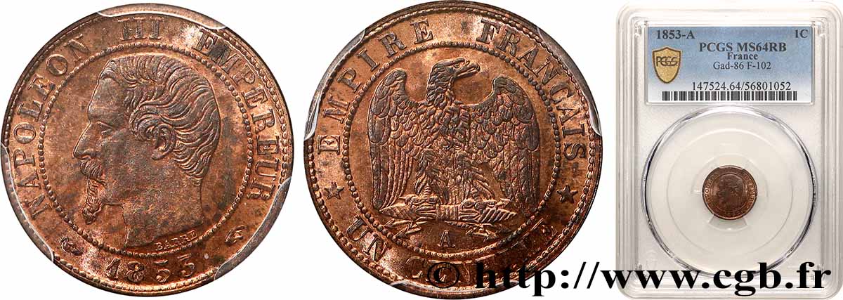 Un centime Napoléon III, tête nue 1853 Paris F.102/1 SPL64 PCGS