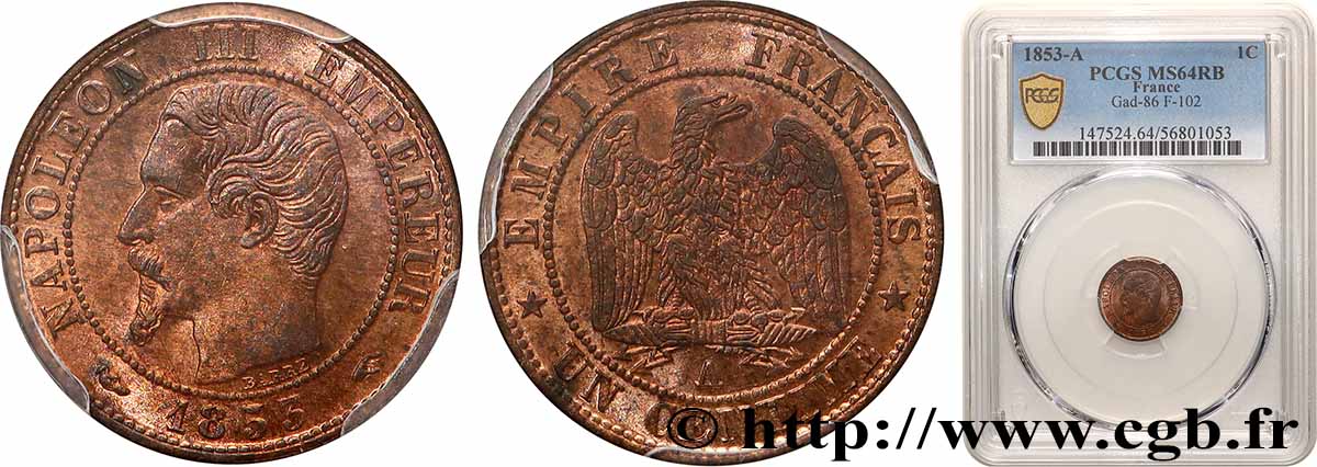 Un centime Napoléon III, tête nue 1853 Paris F.102/1 SPL64 PCGS