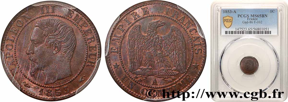 Un centime Napoléon III, tête nue 1853 Paris F.102/1 FDC65 PCGS