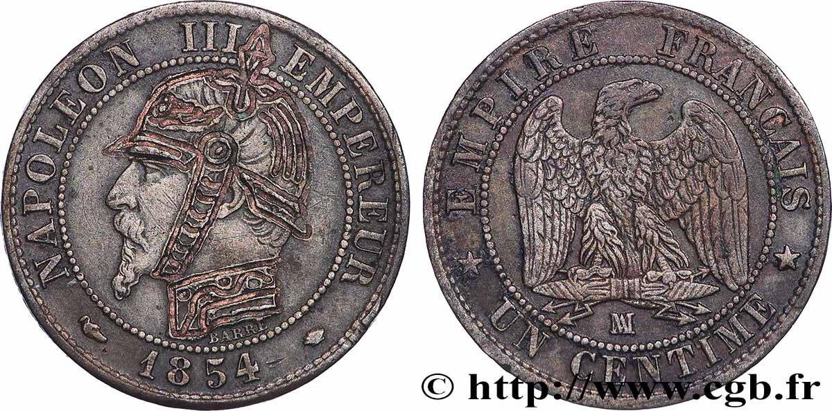 Un centime Napoléon III, tête nue, satirique 1854 Marseille F.102/14 var. TTB 