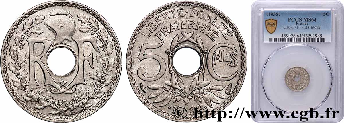 5 centimes Lindauer, maillechort, avec étoile 1938  F.123/1 SPL64 PCGS