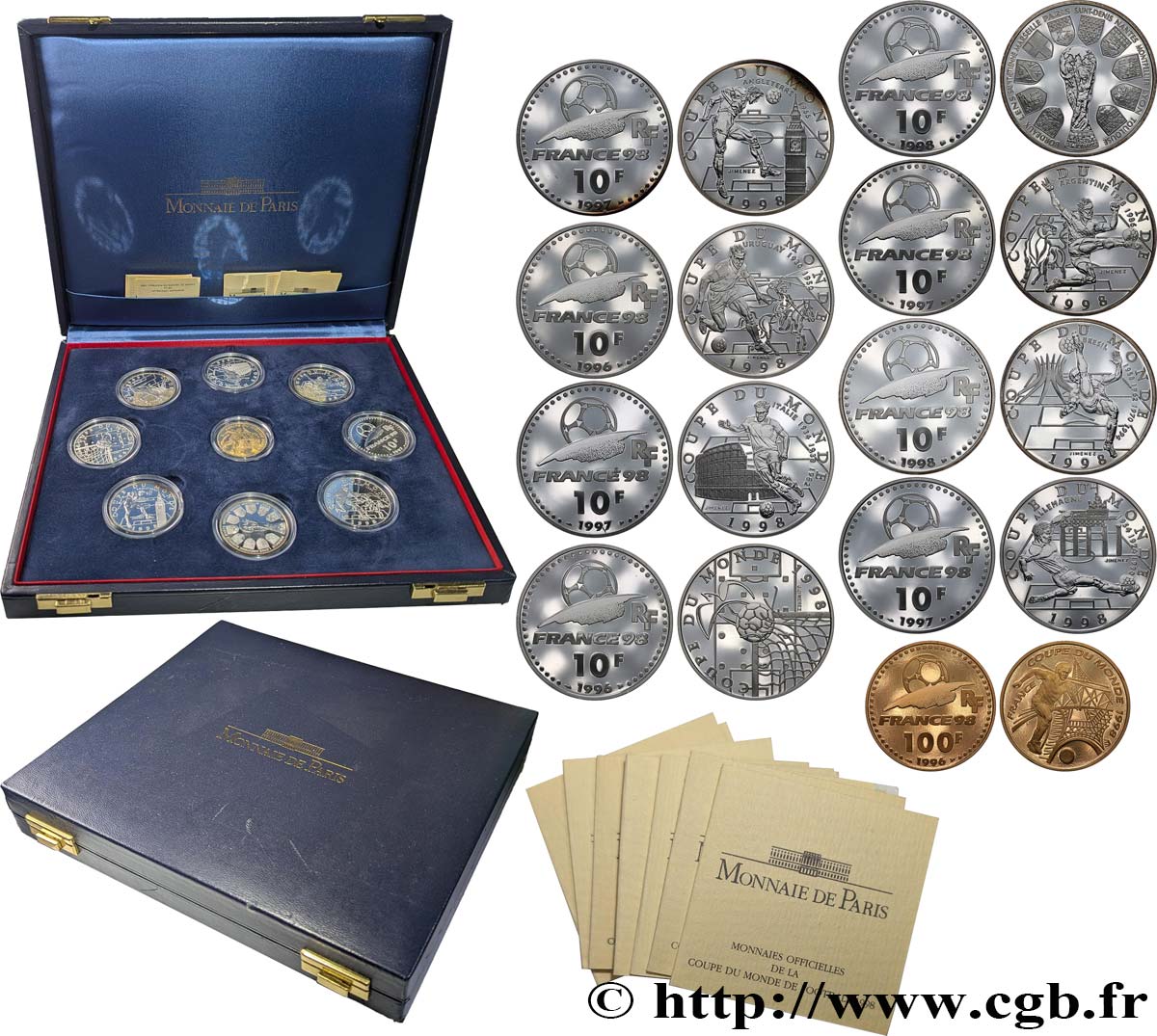 Coffret de neuf monnaies Belle Épreuve, huit en Argent et une en Or, Coupe du monde de football 1998 1996  F5.1306 à 1313 1 FDC 
