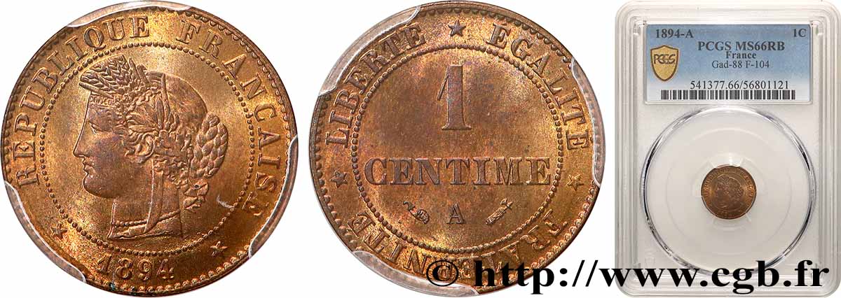 1 centime Cérès 1894 Paris F.104/21 MS66 PCGS
