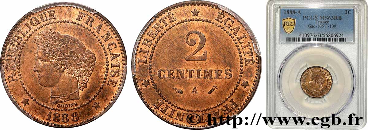 2 centimes Cérès 1888 Paris F.109/14 SPL63 PCGS