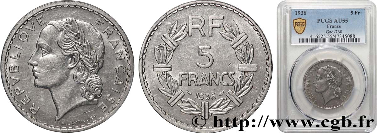 5 francs Lavrillier, nickel 1936  F.336/5 SUP55 PCGS