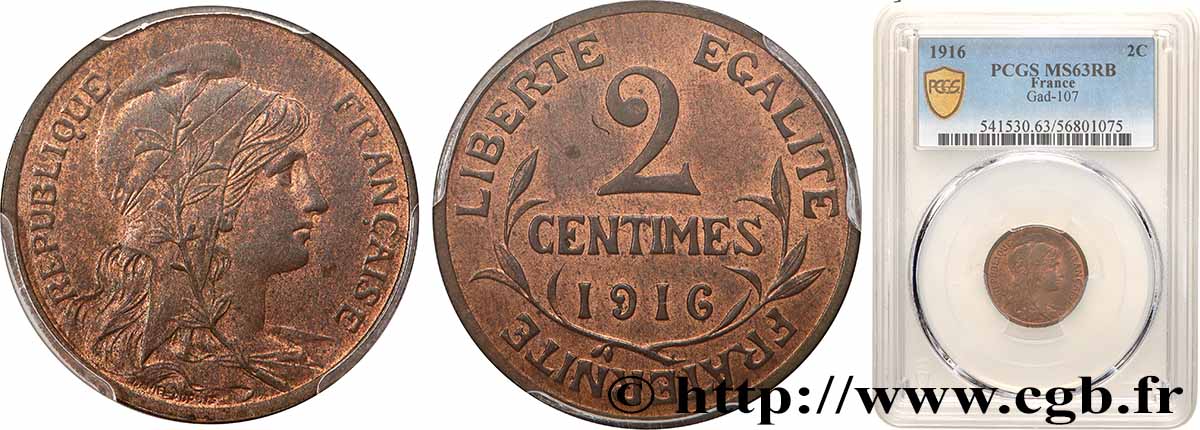 2 centimes Daniel-Dupuis 1916 Paris F.110/18 SPL63 PCGS