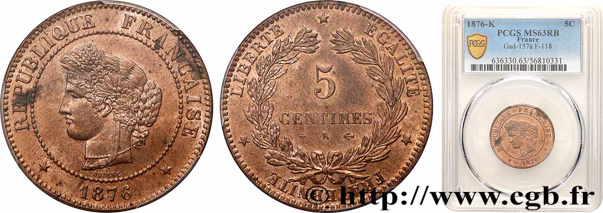 5 centimes Cérès 1876 Bordeaux F.118/14 SPL63 PCGS