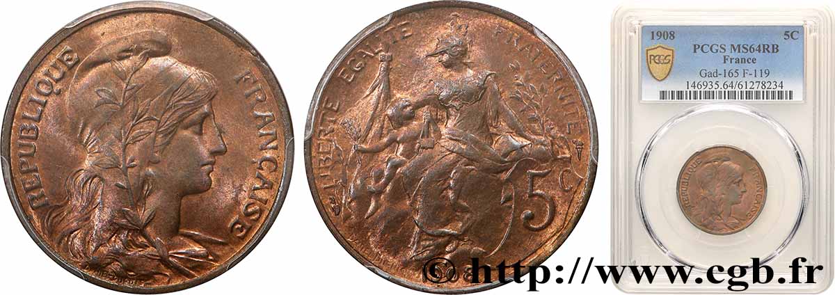 5 centimes Daniel-Dupuis 1908  F.119/19 SPL64 PCGS