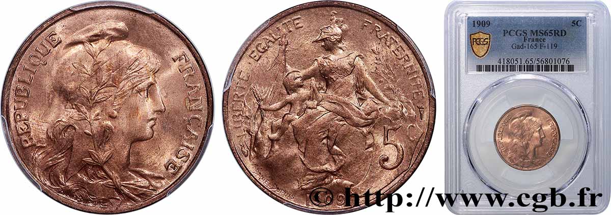 5 centimes Daniel-Dupuis 1909  F.119/20 FDC65 PCGS
