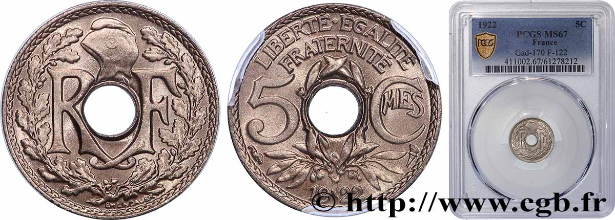 5 centimes Lindauer, petit module 1922 Paris F.122/4 FDC67 PCGS