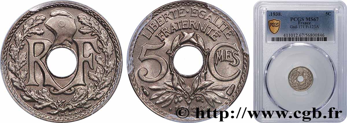 5 centimes Lindauer, maillechort 1938 Paris F.123A/2 FDC67 PCGS