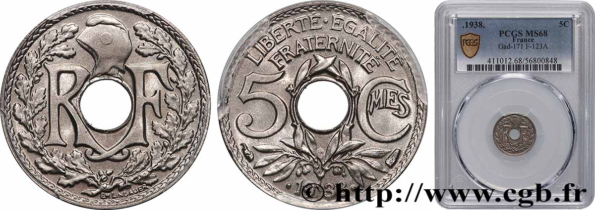 5 centimes Lindauer, maillechort 1938 Paris F.123A/2 MS68 PCGS