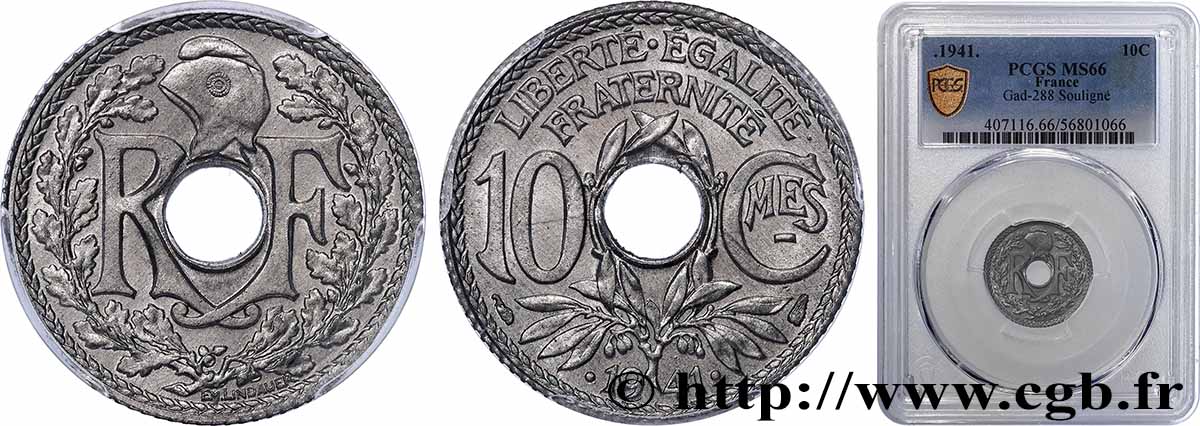 10 centimes Lindauer en zinc, Cmes souligné et millésime avec points 1941  F.140/2 FDC66 PCGS