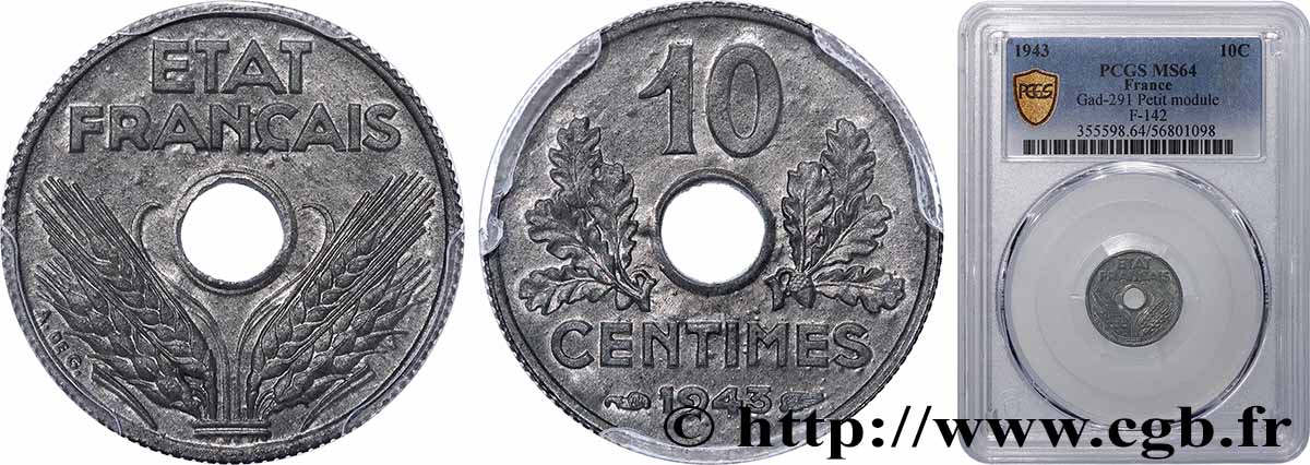 10 centimes État français, petit module 1943  F.142/2 SPL64 PCGS