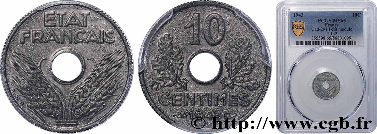 10 centimes État français, petit module 1943  F.142/2 FDC65 PCGS