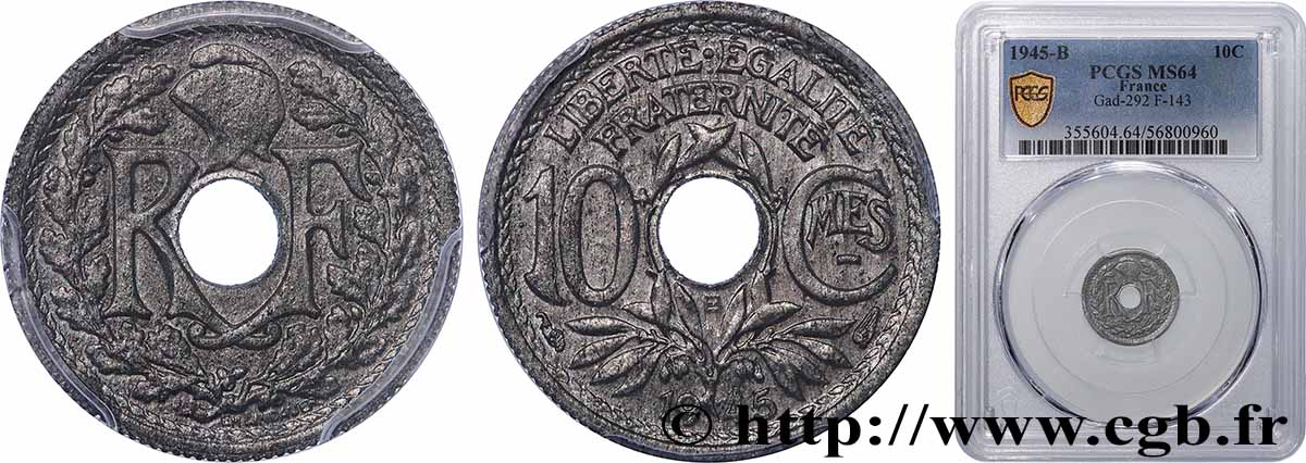10 centimes Lindauer, petit module 1945 Beaumont-Le-Roger F.143/3 SPL64 PCGS