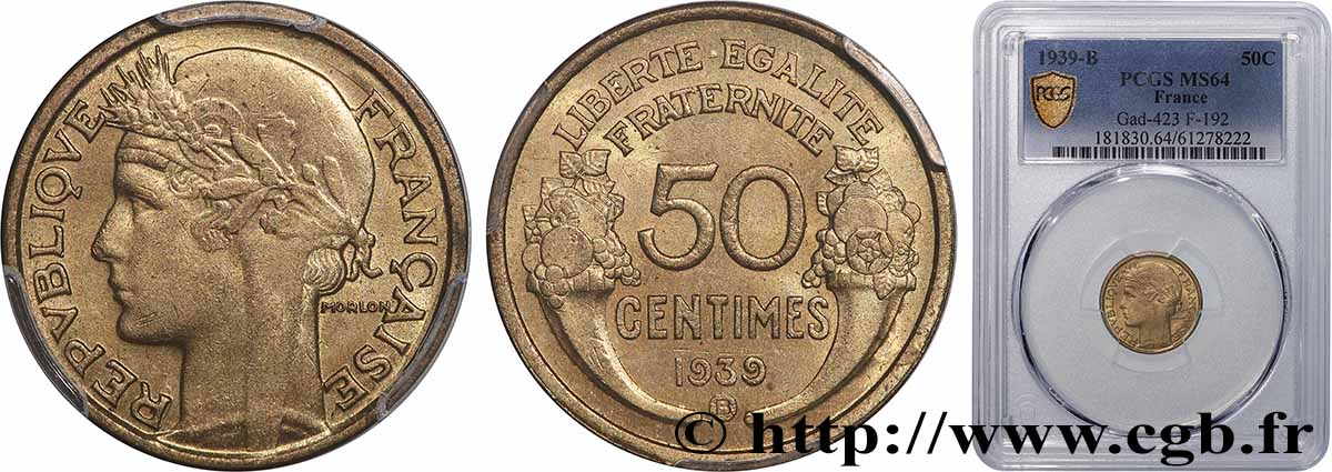 50 centimes Morlon 1939 Bruxelles F.192/16 SPL64 PCGS