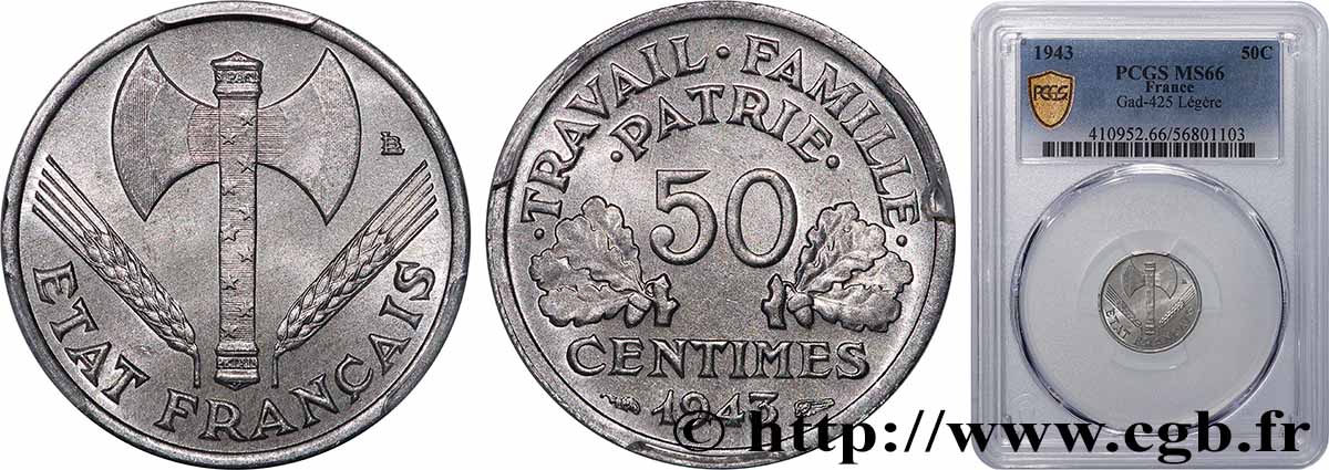 50 centimes Francisque, légère 1943  F.196/2 FDC66 PCGS