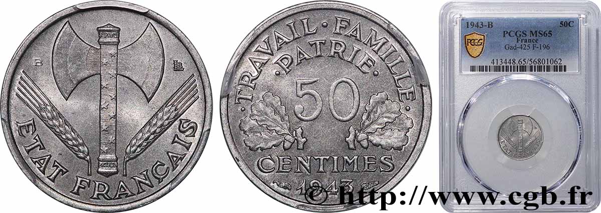 50 centimes Francisque, légère 1943 Beaumont-Le-Roger F.196/3 MS65 PCGS