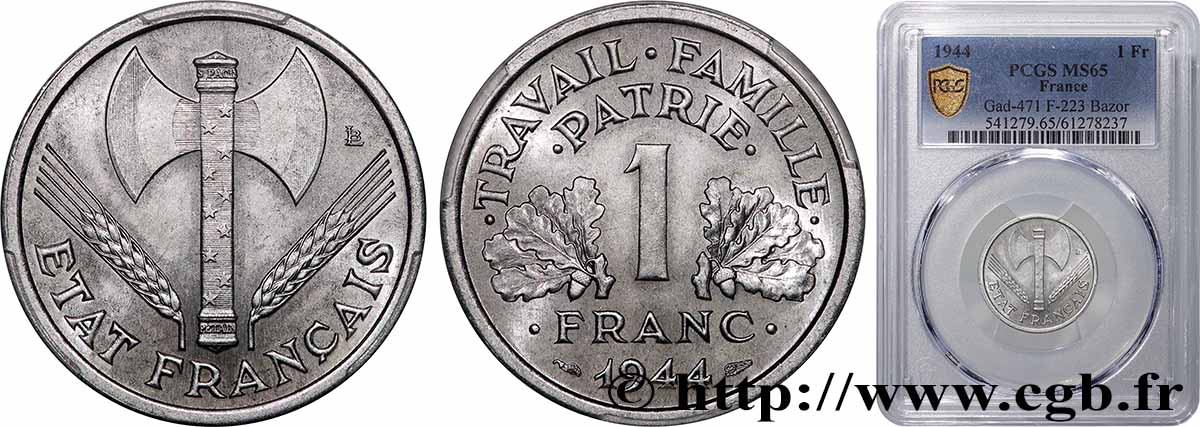 1 franc Francisque, légère 1944  F.223/5 FDC65 PCGS