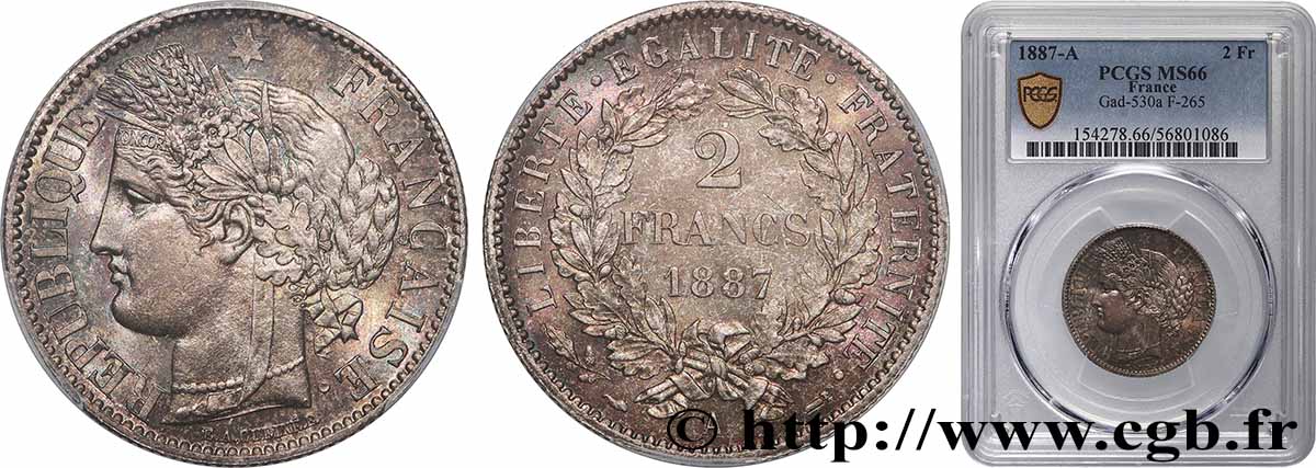2 francs Cérès, avec légende 1887 Paris F.265/13 MS66 PCGS